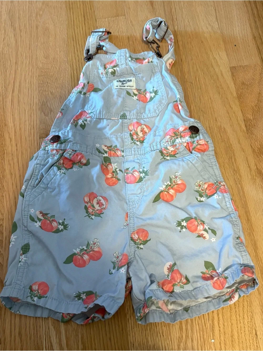 OshKosh B'gosh Light Blue Peach Print Short Overalls Shortalls Sz 5T